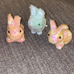 Set of 3 Bunnies -2 foam decorated w/sequins all over & 1 wind up hoppy bunny